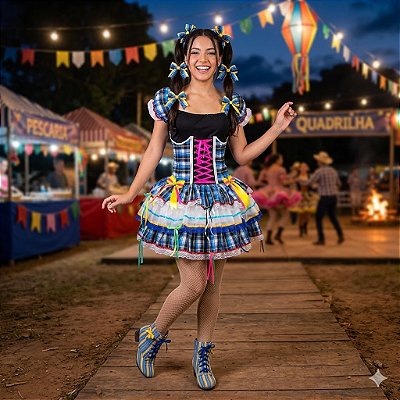 Fantasia Vestido Junino Super Luxo Juliette com Corselet Adulto - SOMENTE ALUGUEL