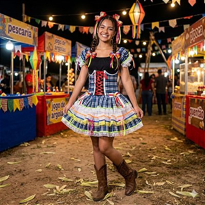 Fantasia Vestido Junino Super Luxo Luana com Corselet Adulto - SOMENTE ALUGUEL