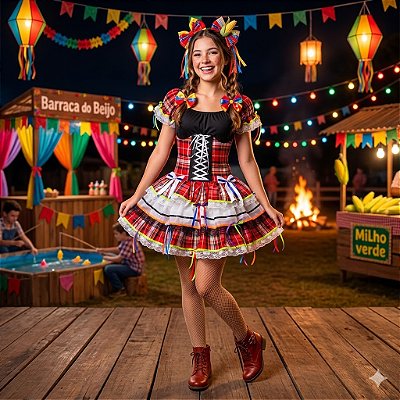 Fantasia Vestido Junino Super Luxo Paola com Corselet Adulto - SOMENTE ALUGUEL