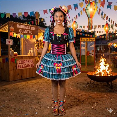 Fantasia Vestido Junino Super Luxo Brenda Trançado Adulto - SOMENTE ALUGUEL