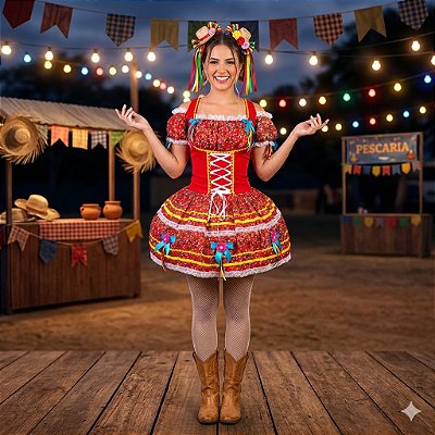 Fantasia Vestido Junino Super Luxo Valentina Trançado Adulto - SOMENTE ALUGUEL