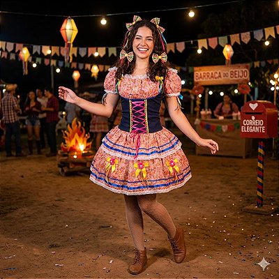 Fantasia Vestido Junino Super Luxo Vitória Trançado Adulto - SOMENTE ALUGUEL