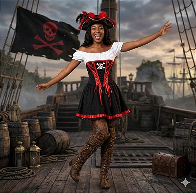 Fantasia Feminina Pirata Alças de Fita Adulto - SOMENTE ALUGUEL