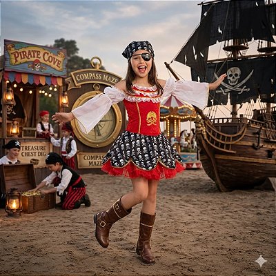 Fantasia Feminina Pirata Juvenil com Caveiras - SOMENTE ALUGUEL