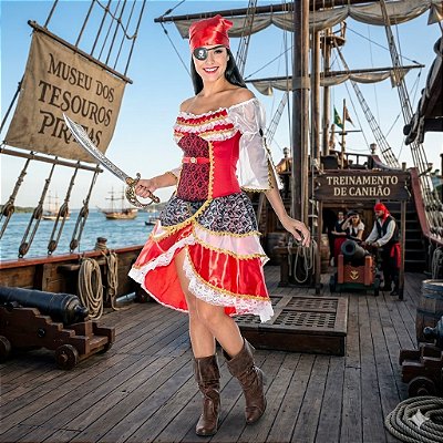 Fantasia Feminina Pirata Ouro Manga Longa Adulto - SOMENTE ALUGUEL