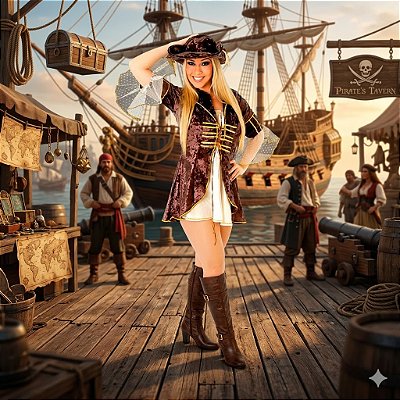 Fantasia Feminina Pirata Sobretudo Marrom Adulto- SOMENTE ALUGUEL