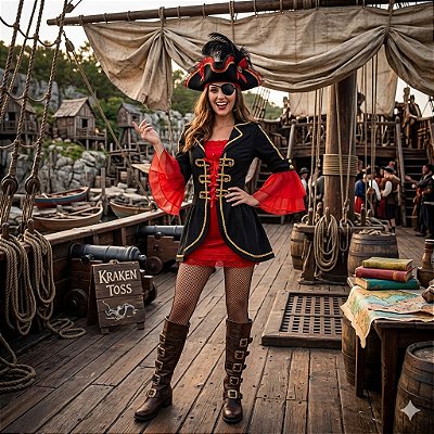 Fantasia Feminina Pirata Sobretudo Preto Adulto - SOMENTE ALUGUEL