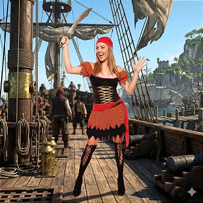 Fantasia Feminina Pirata Trançada com Bojo Adulto - SOMENTE ALUGUEL