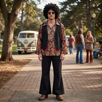 Fantasia Masculina Hippie Cetim com Colete Adulto - SOMENTE ALUGUEL