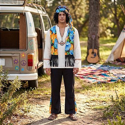 Fantasia Masculina Hippie Clássico com Colete Adulto - SOMENTE ALUGUEL