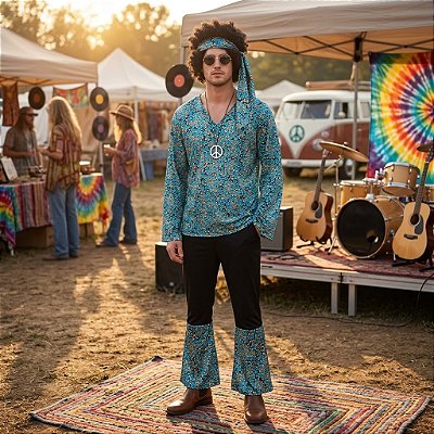 Fantasia Masculina Hippie Luxo com Bolinhas Adulto - SOMENTE ALUGUEL