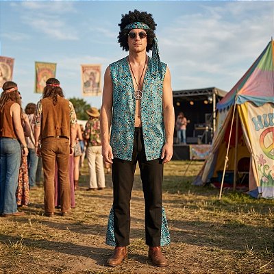 Fantasia Masculina Hippie Luxo Colete com Bolinhas Adulto - SOMENTE ALUGUEL