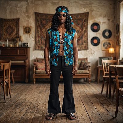 Fantasia Masculina Hippie Colete Luxo com Discos Adulto - SOMENTE ALUGUEL