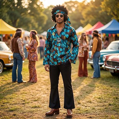 Fantasia Hippie Masculino Luxo com Discos Adulto - SOMENTE ALUGUEL