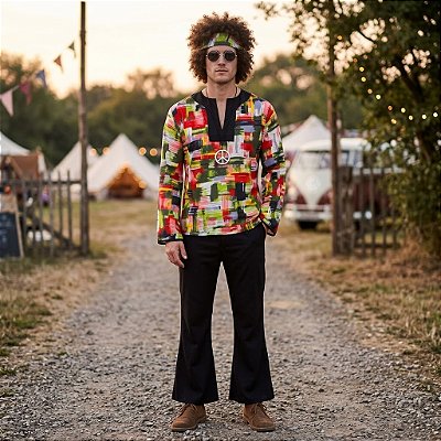 Fantasia Hippie Masculino com Pinturas Adulto - SOMENTE ALUGUEL