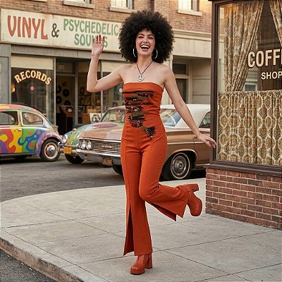 Fantasia Feminina Hippie Macacão Bordado Adulto - SOMENTE ALUGUEL