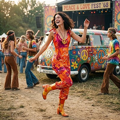 Fantasia Feminina Hippie Macacão Frente Única Adulto - SOMENTE ALUGUEL