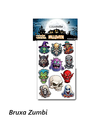 Cartela Tattoo Halloween Bruxa Zombie