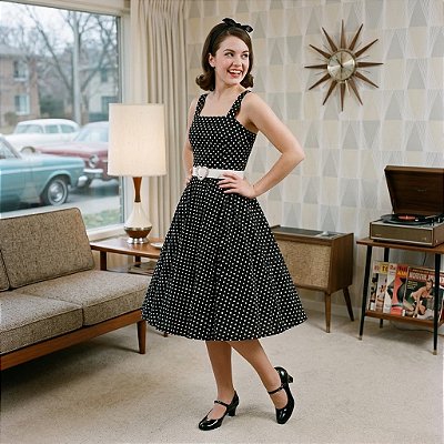 Fantasia Feminina Anos 60 Preto e Branco com Alças Adulto - SOMENTE ALUGUEL