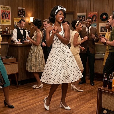 Fantasia Feminina Anos 60 Bojo Branco e Preto Adulto - SOMENTE ALUGUEL