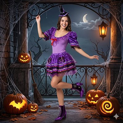 Fantasia Bruxa Collant Tule Roxa Adulto - SOMENTE ALUGUEL