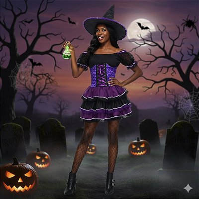 Fantasia Bruxa Roxa Corpete Adulto - SOMENTE ALUGUEL