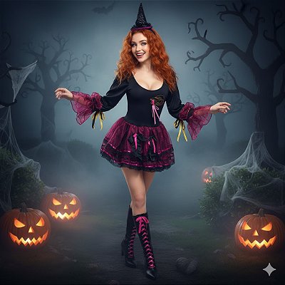 Fantasia Bruxa Vestido Collant Fitas Adulto - SOMENTE ALUGUEL