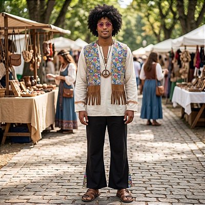 Fantasia Hippie Masculino Clássico Colete Florido Adulto - SOMENTE ALUGUEL