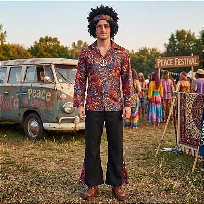 Fantasia Hippie Masculino Colorido Adulto - SOMENTE ALUGUEL
