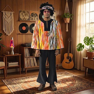 Fantasia Hippie Masculino Laranja Adulto - SOMENTE ALUGUEL