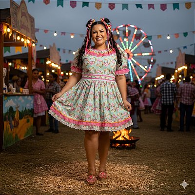 Fantasia Vestido Junino Jardim Rendas Adulto - SOMENTE ALUGUEL