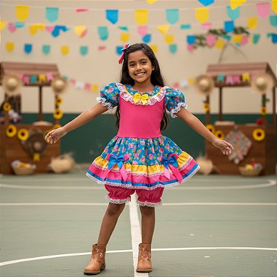 Fantasia Infantil Festa Junina Feminino - Laços e Rosas 0204