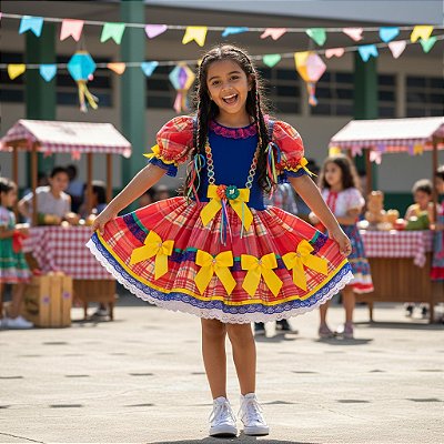 Fantasia Infantil Festa Junina Feminino - Caipira Suspensório Azul Royal