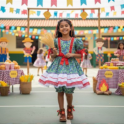 Fantasia Infantil Festa Junina Feminino - Florido com Suspensório