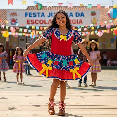Fantasia Infantil Festa Junina Feminino - Rosas e Bandeirinhas 55006