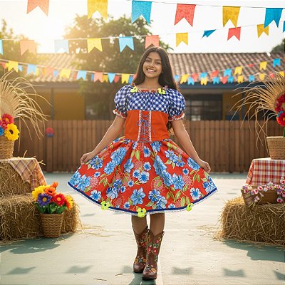 Fantasia Infantil Festa Junina Feminino - Xadrez com Corset 1821
