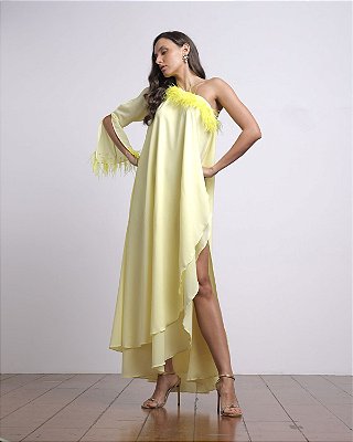 VESTIDO LONGO PLUMA AMARELO