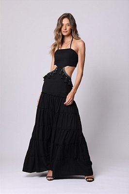 VESTIDO BABADO TASSEL LONGO PRETO