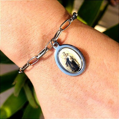 Pulseira / Cadeia com Medalha Oval Personalizável em Aço Inox