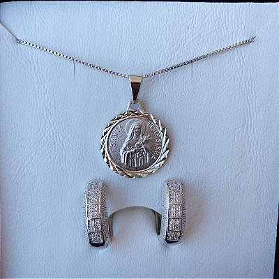 Conjunto Colar Santa Teresinha + Brinco argola média com detalhes em zircônias Banhado em Ródio Branco