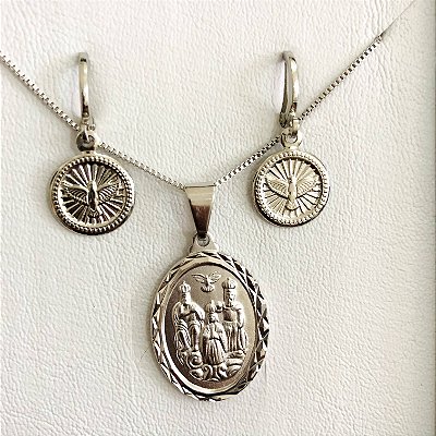 Conjunto Colar Divino Pai Eterno + Brinco Argolinha do Espírito Santo Banhado em Ródio Branco