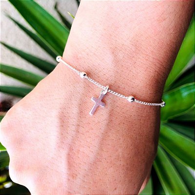 Pulseira bolinhas com cruz delicada - Prata 925