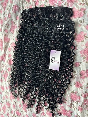 NOVO MODELO Aplique tic tac cacheado BIO FIBRA COR 1 PRETO 50 cm AGORA COM 3 telas