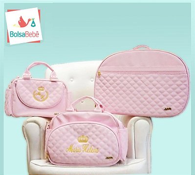 Kit Bolsa Maternidade Matelassê 3 Peças Rosa Personalizada