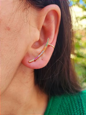 Brinco Ear Cuff Colorido Fino Banhado a Ouro 18K