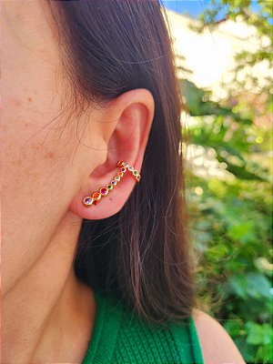 Brinco Ear Cuff Colorido G Banhado a Ouro 18K