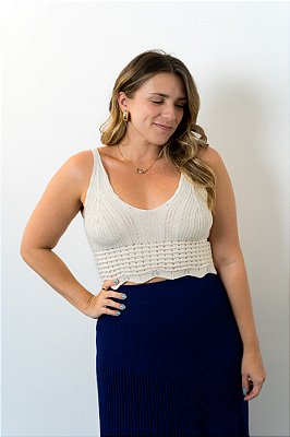 Top Cropped V rendado Tricô