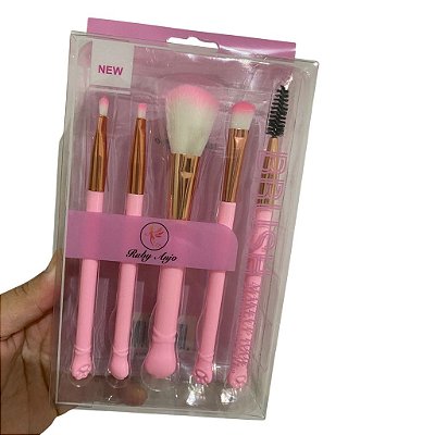 Kit com 05 Pincéis para Maquiagem Gatinho Ruby Anjo, base, pó, sombra, delineador e lábios
