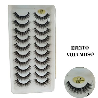 Cartela Com 10 Pares Cílios Postiços 3d X01 Efeito Volumoso