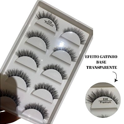 5 Pares Cílios Postiços E08 Premium estilo gatinho base transparente